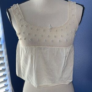 Vintage Cream Cotton Camisole – Tatted Lace & Tiny Blue Flowers – Cottagecore